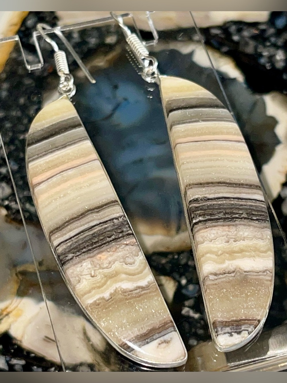 Jumbo Elongated Phantom Zebra Calcite Earrings 3 1/4”